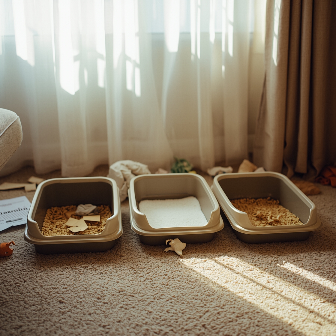 Multiple cat litter boxes with different types of litter