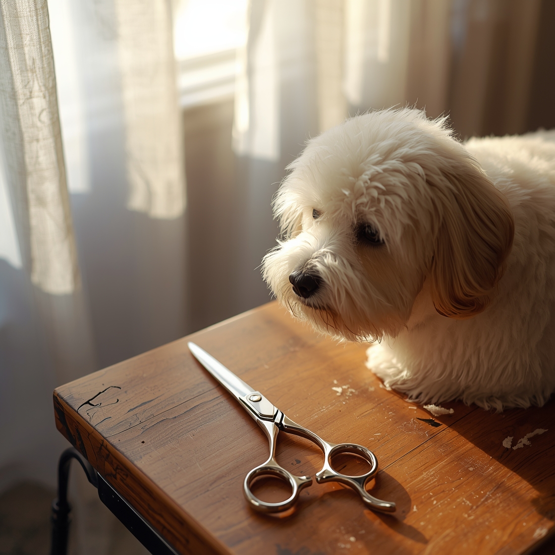Dog grooming scissors for thick coats on a wooden table