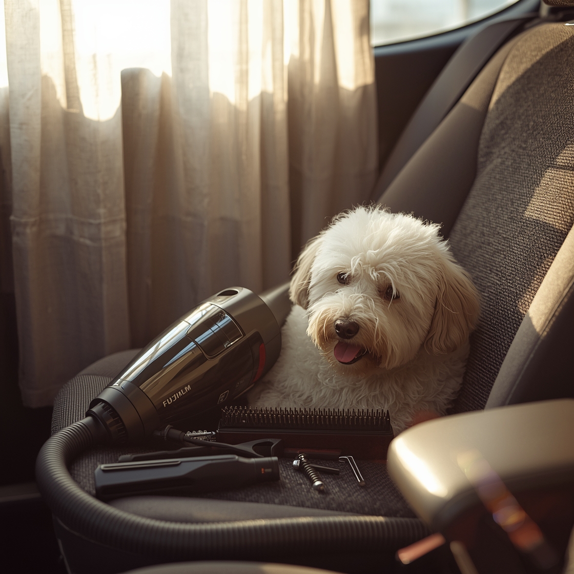 Handheld pet grooming vacuum on car seat next to dog grooming tools