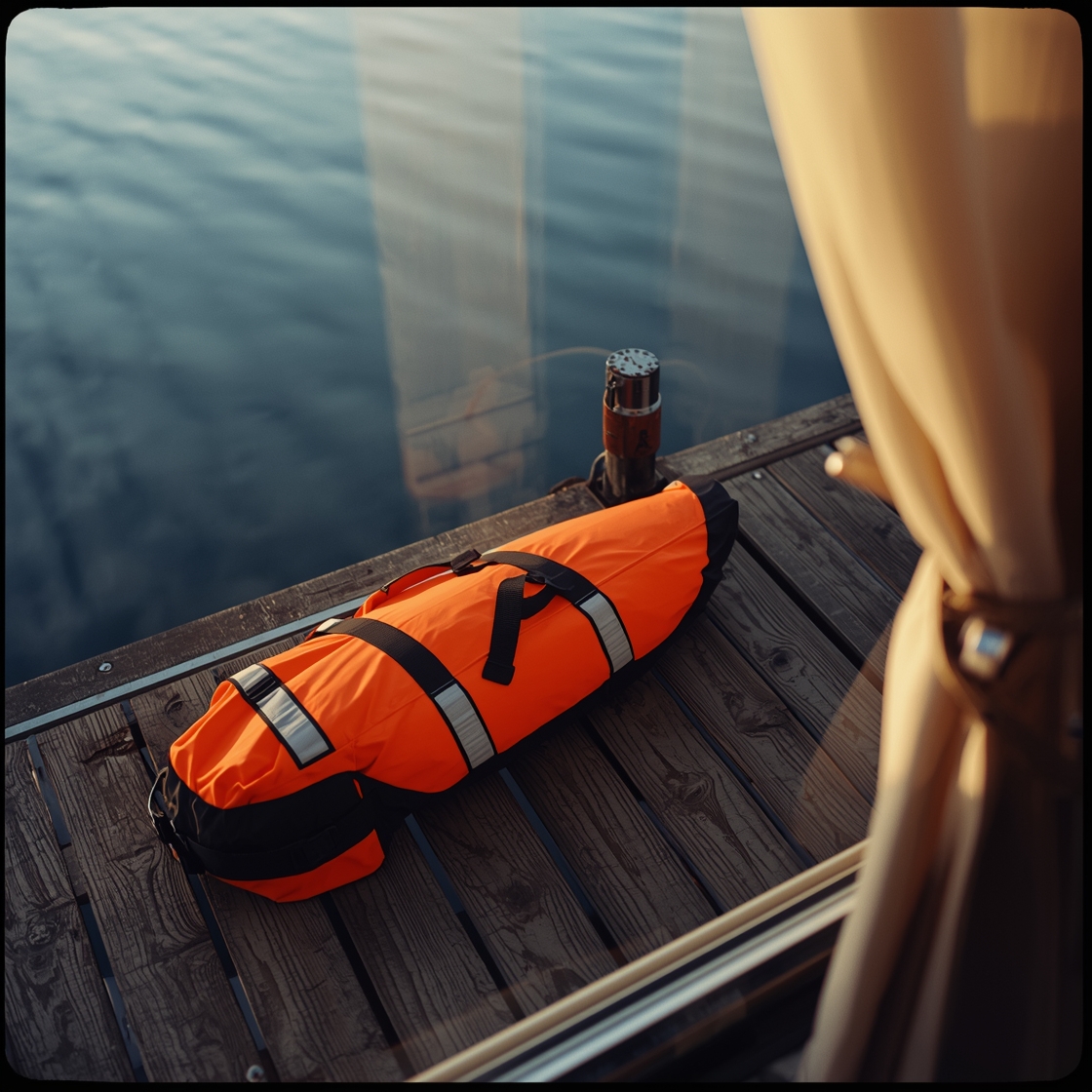 A dog life jacket floating on calm water beside a dock