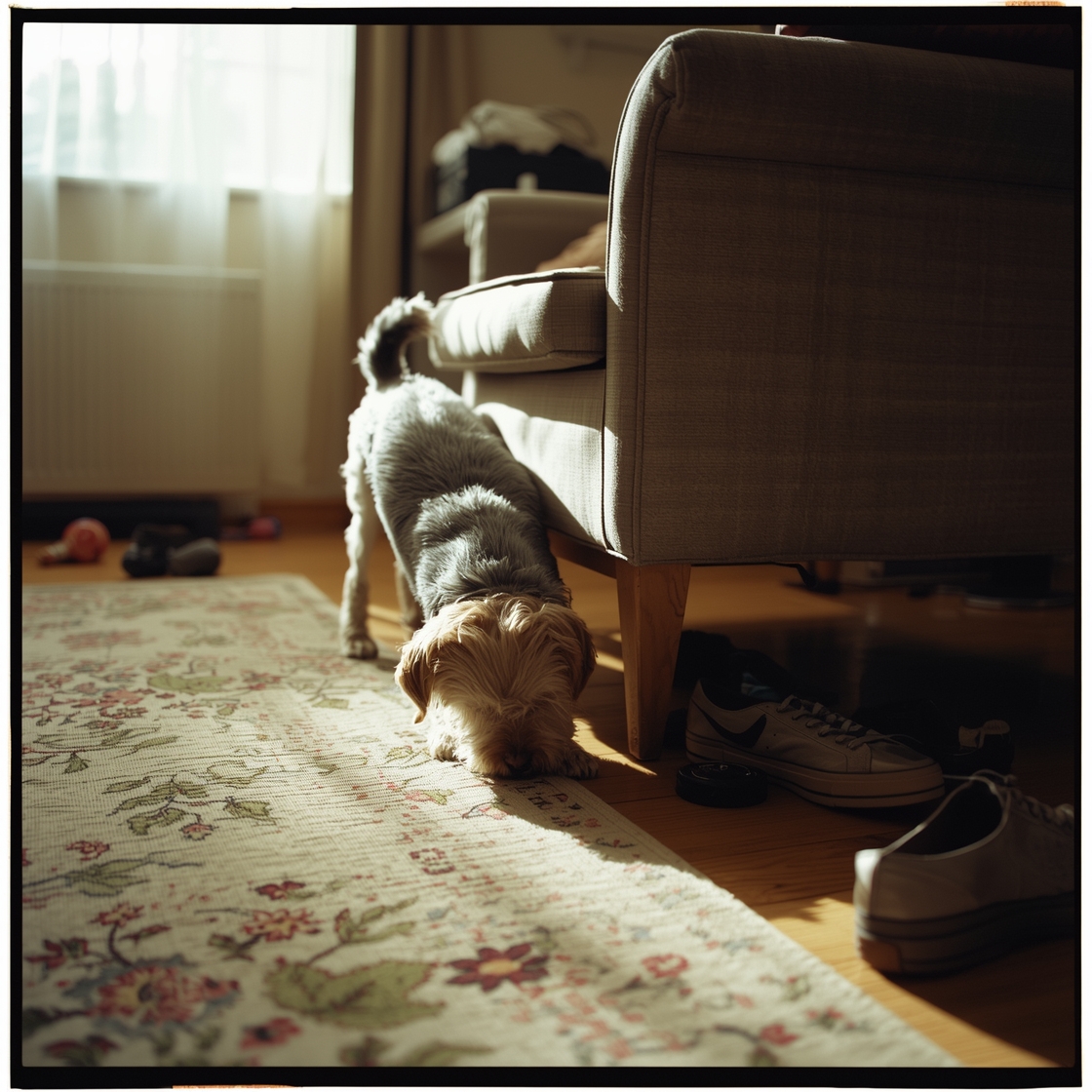 A terrier mix dog chewing on a worn armchair leg indoors