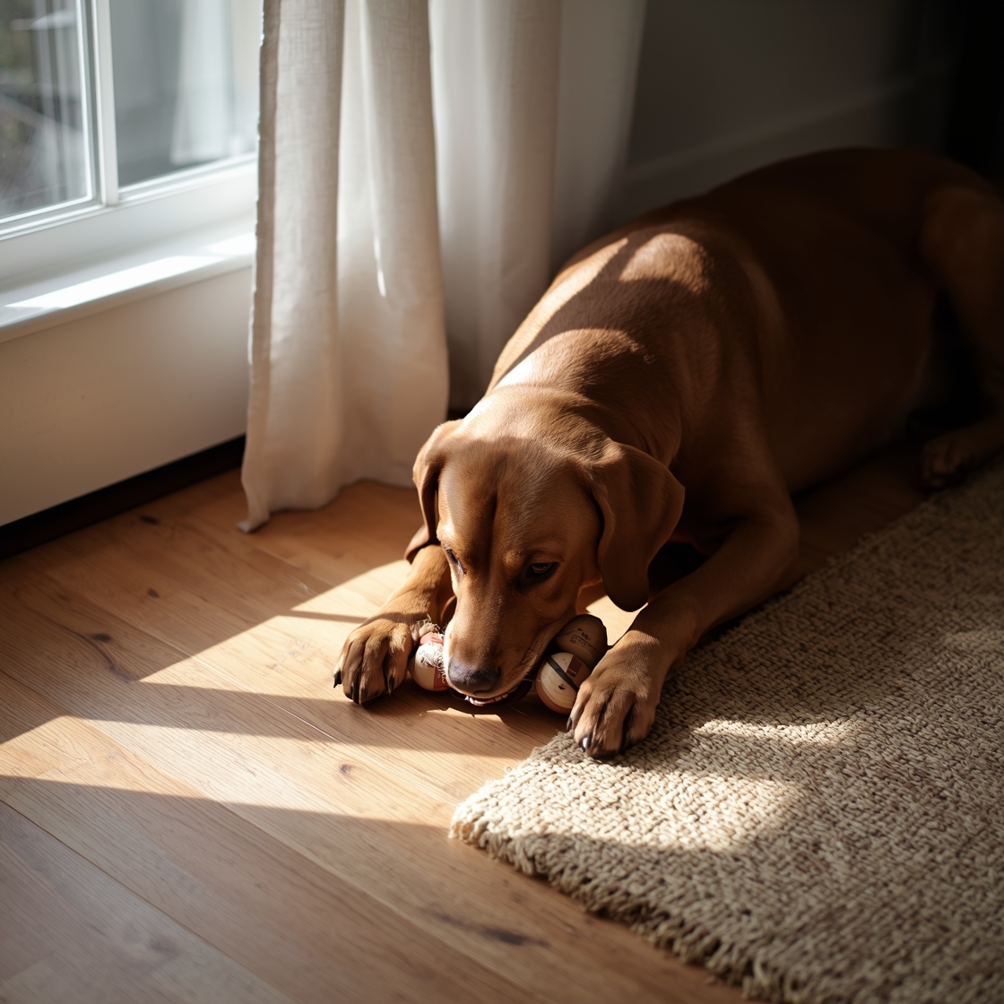 Labrador retriever chewing wooden toy on hardwood floor