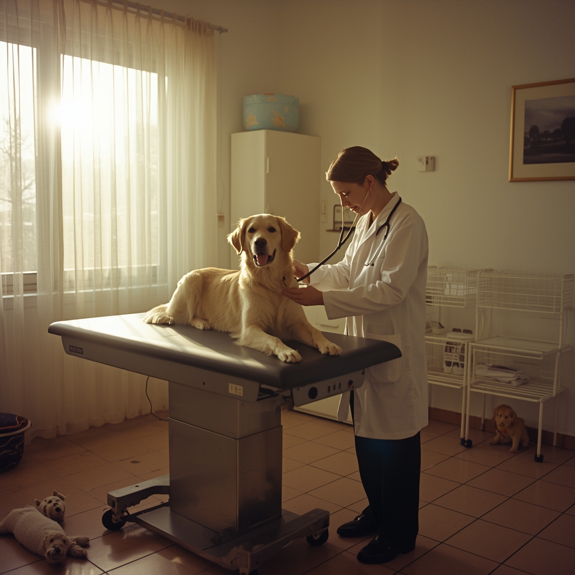Veterinarian examining a golden retriever in a clinic