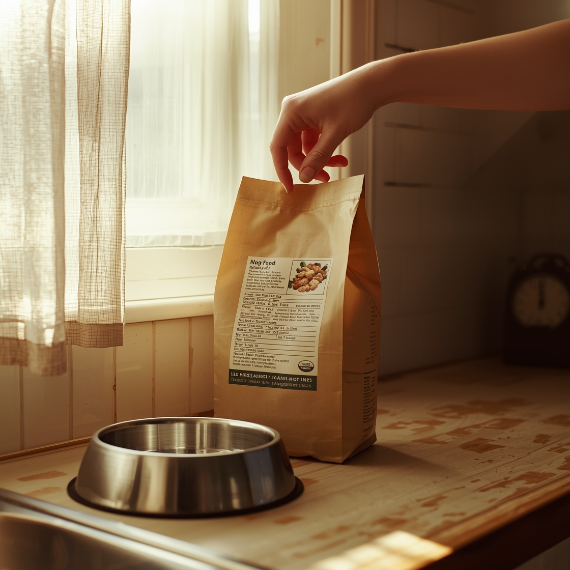 Close-up of dog food label and person's hand pointing to ingredients
