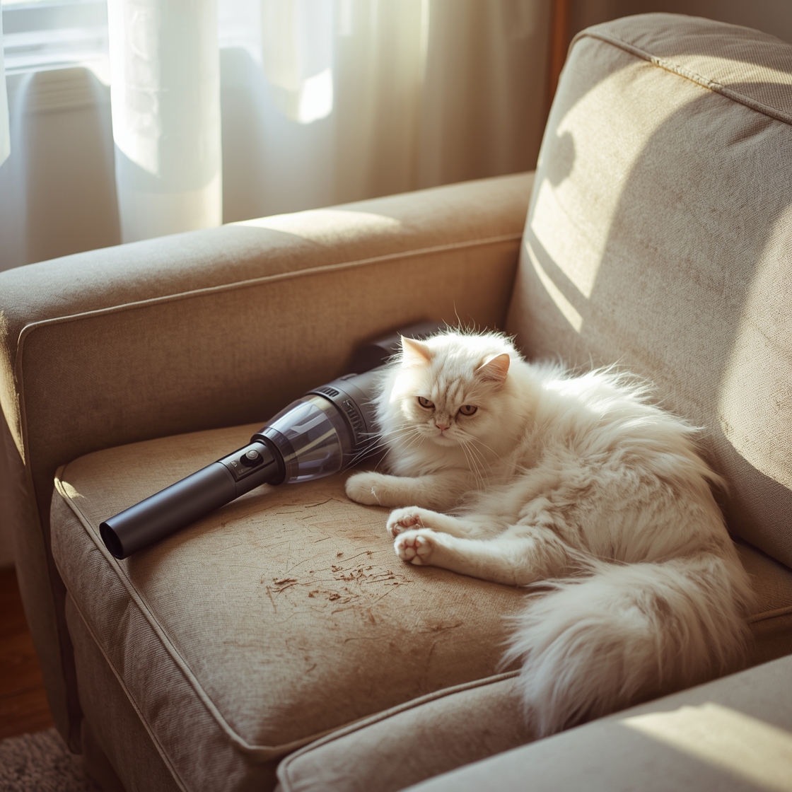 Handheld vacuum cleaner on a couch beside a shedding cat