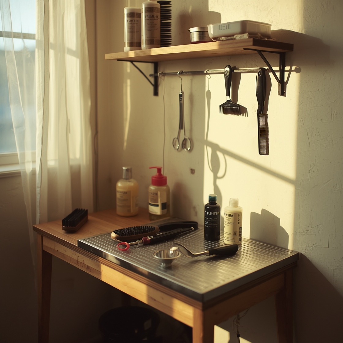 pet grooming tools on a wooden table