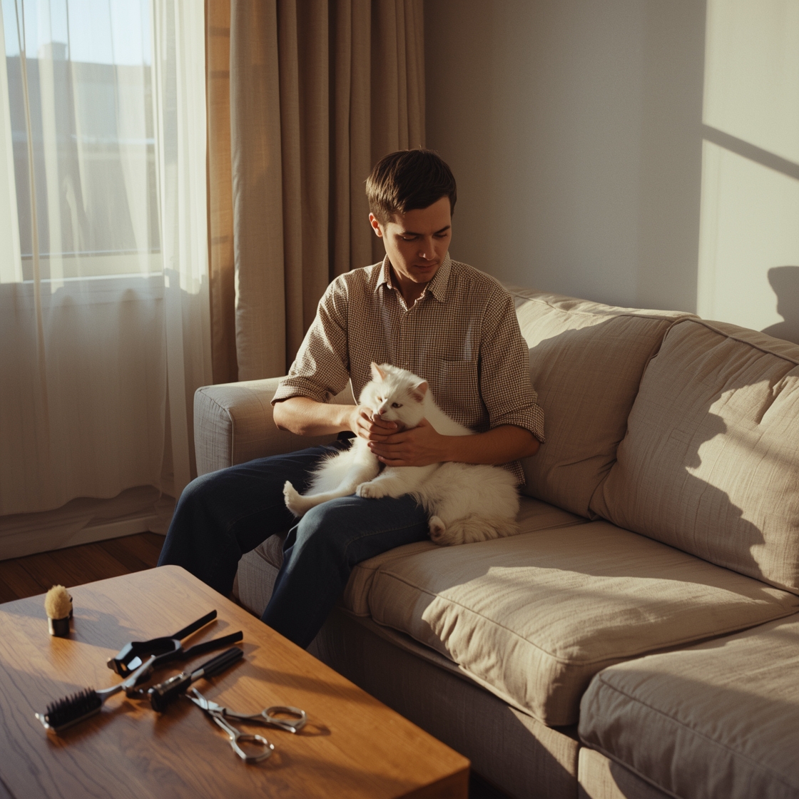 Pet owner gently brushing a relaxed white cat indoors