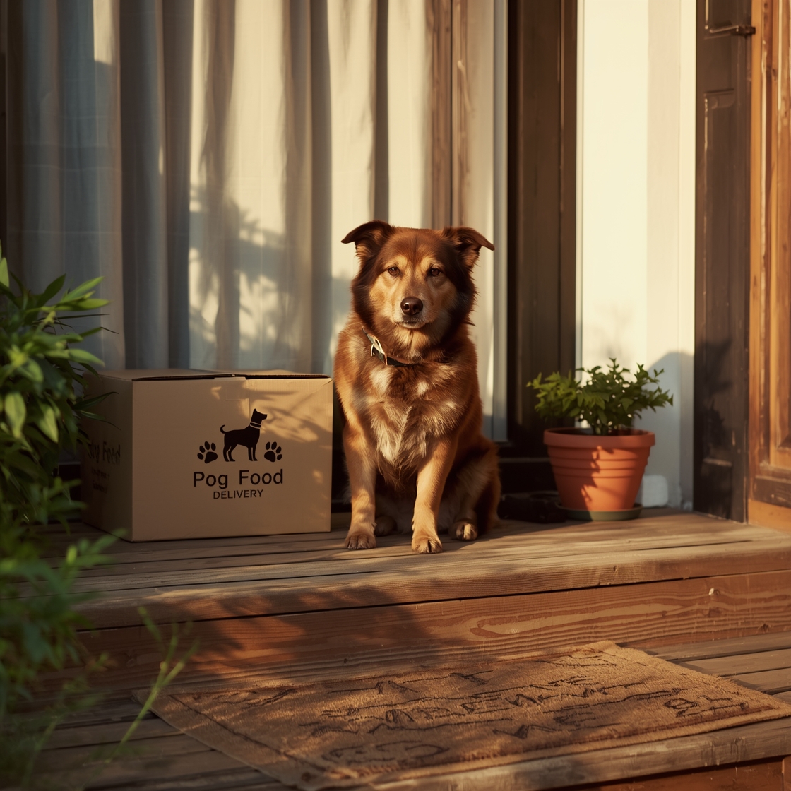 Dog sitting beside dog food delivery box on porch