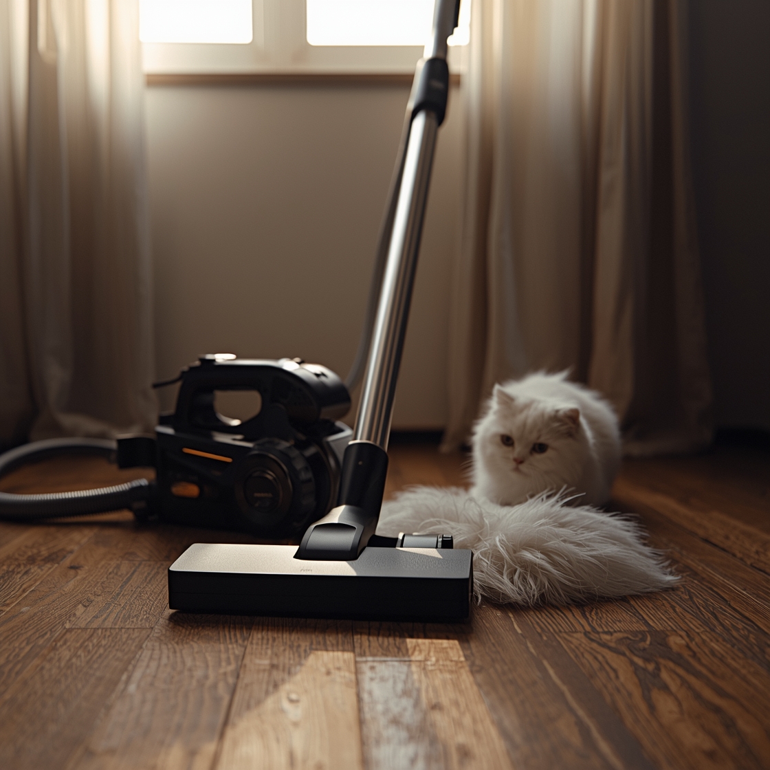 Handheld pet grooming vacuum on wooden floor beside fluffy cat
