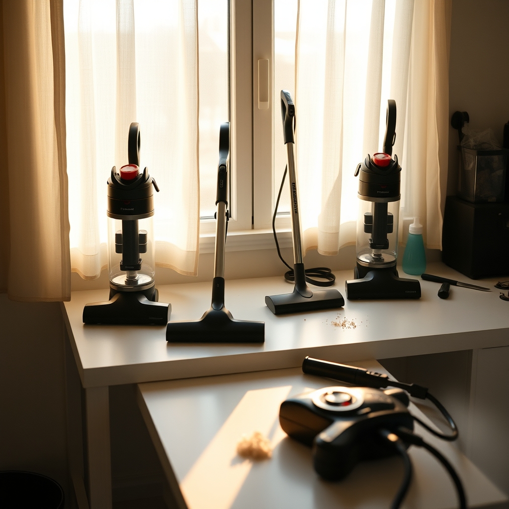 Pet grooming vacuums on a workbench for hair removal