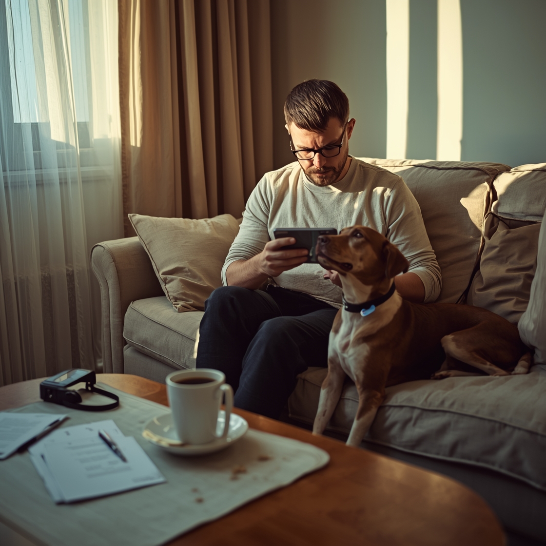 Pet owner checking dog GPS tracker on smartphone at home