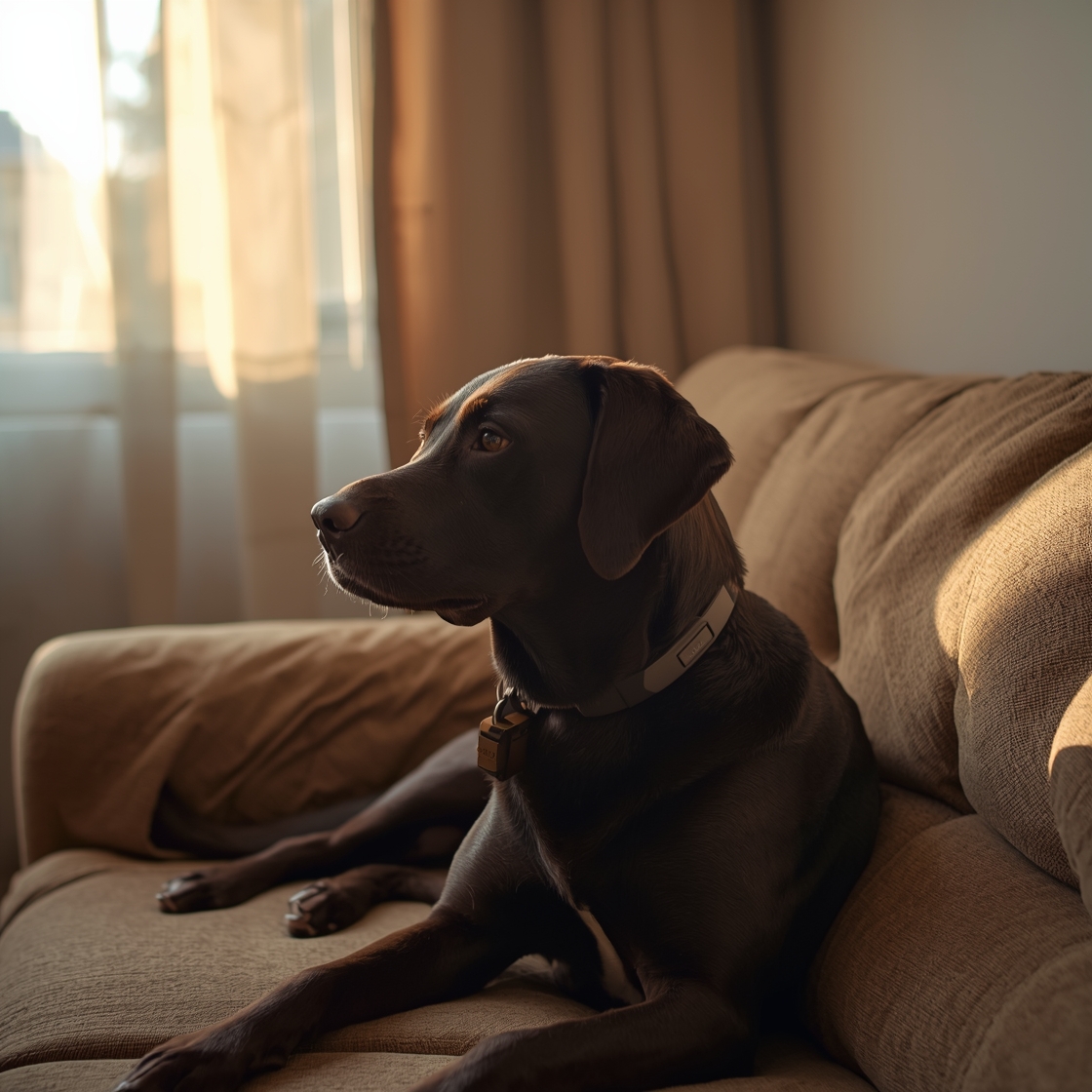 Labrador Retriever wearing GPS tracker on couch