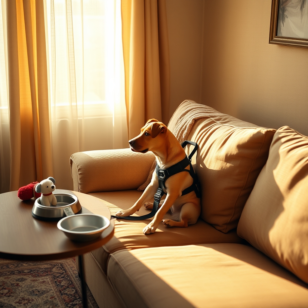 Dog seat belt on a couch beside dog toys and a water bowl