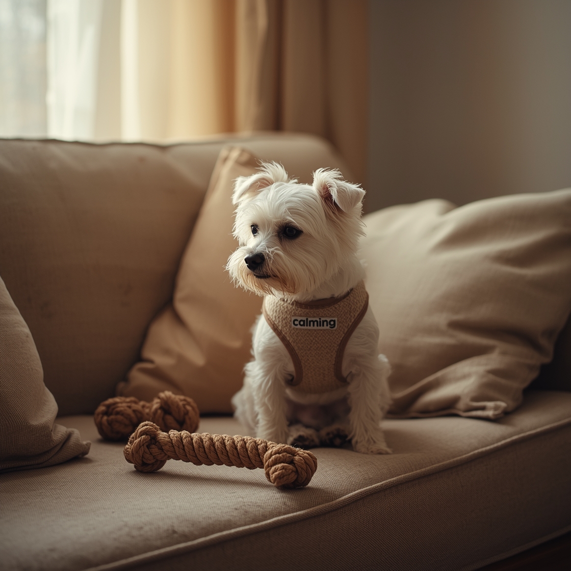 Small white terrier in anxiety vest on beige couch