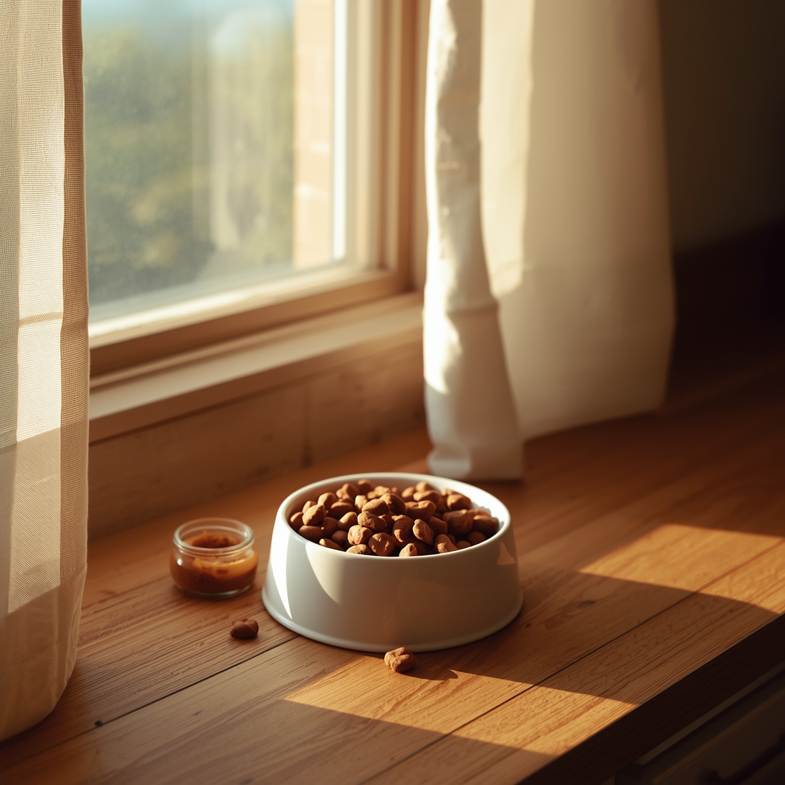 A bowl of dog food topped with freeze-dried liver