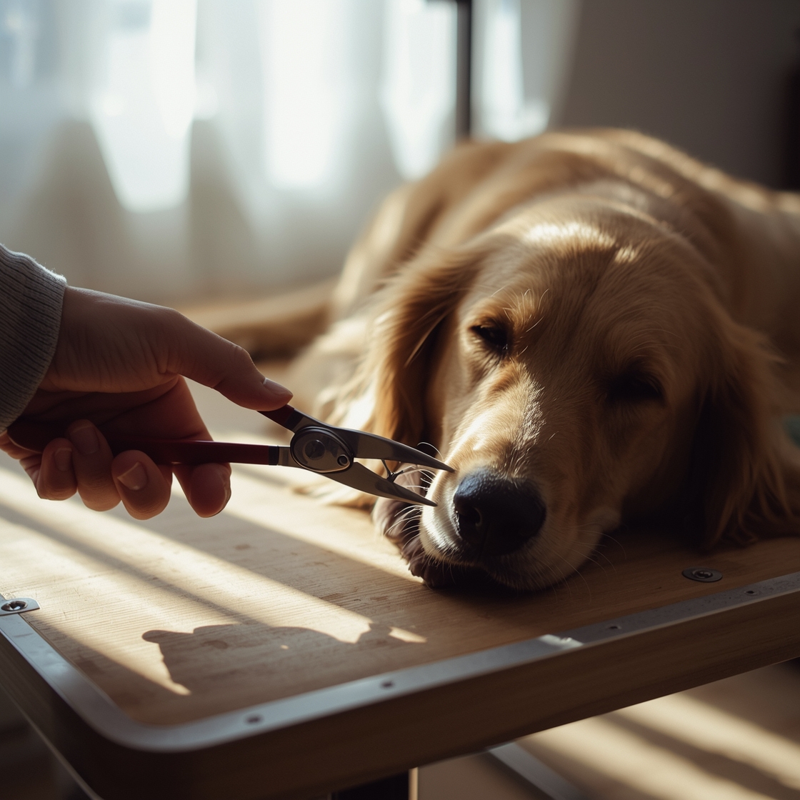 Person trimming dog's nails with stainless steel clippers