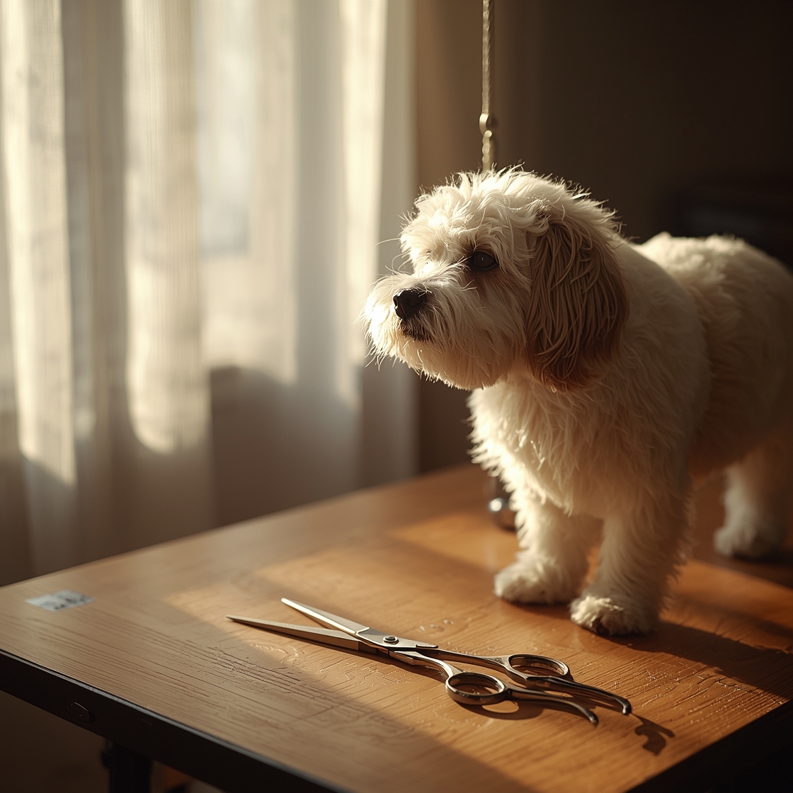 Pet grooming scissors on a wooden table beside a fluffy white dog