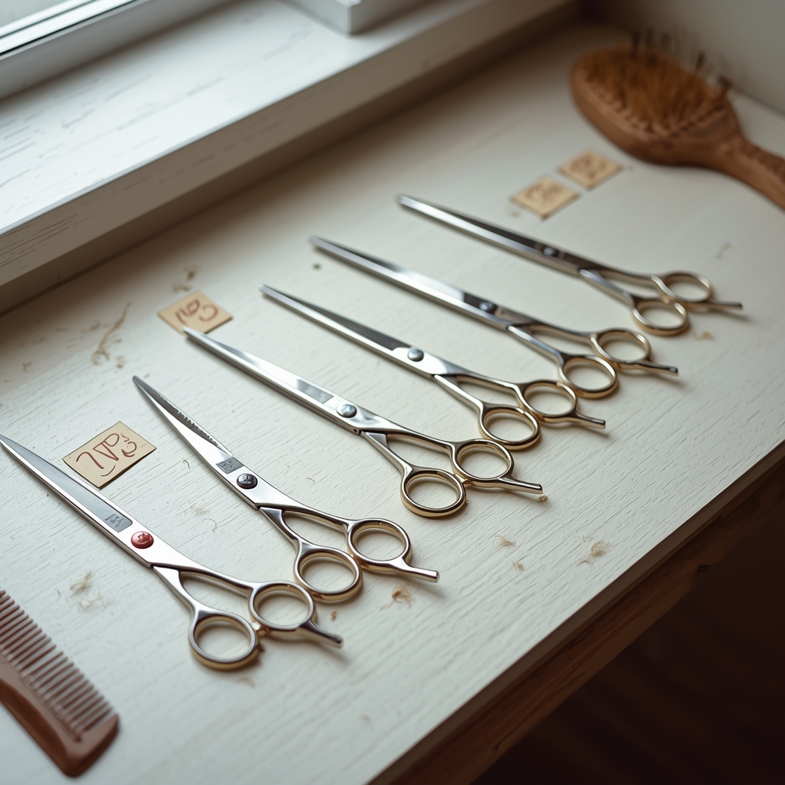 Five pairs of pet grooming scissors on a workbench