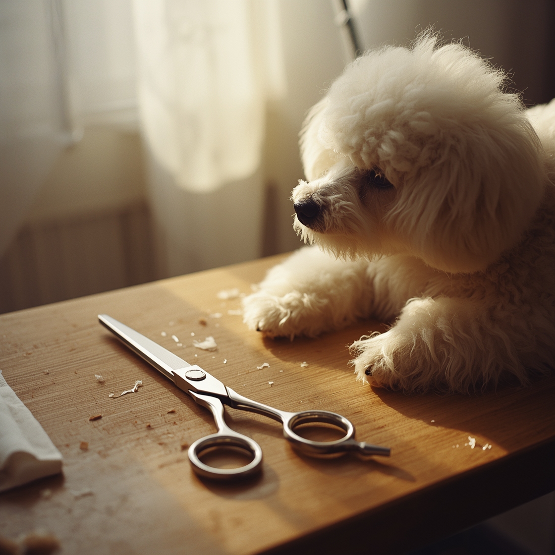Pet grooming scissors on a wooden table beside a poodle