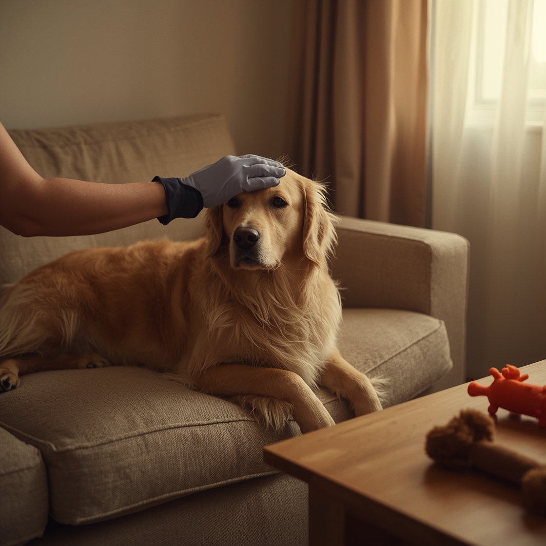 Hand in grooming glove brushing golden retriever's thick coat