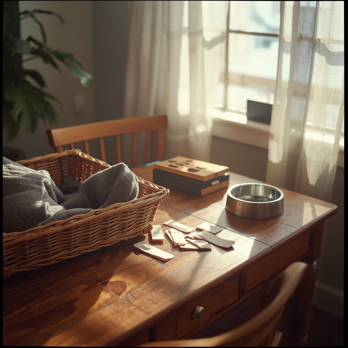 Pet first aid kit on wooden table beside dog bed