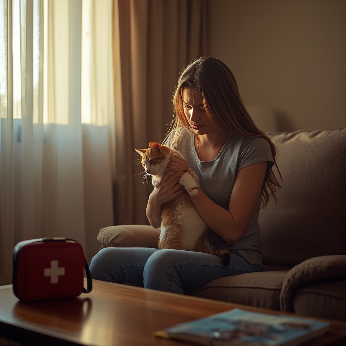 Pet owner tending to wounded cat with first aid kit nearby