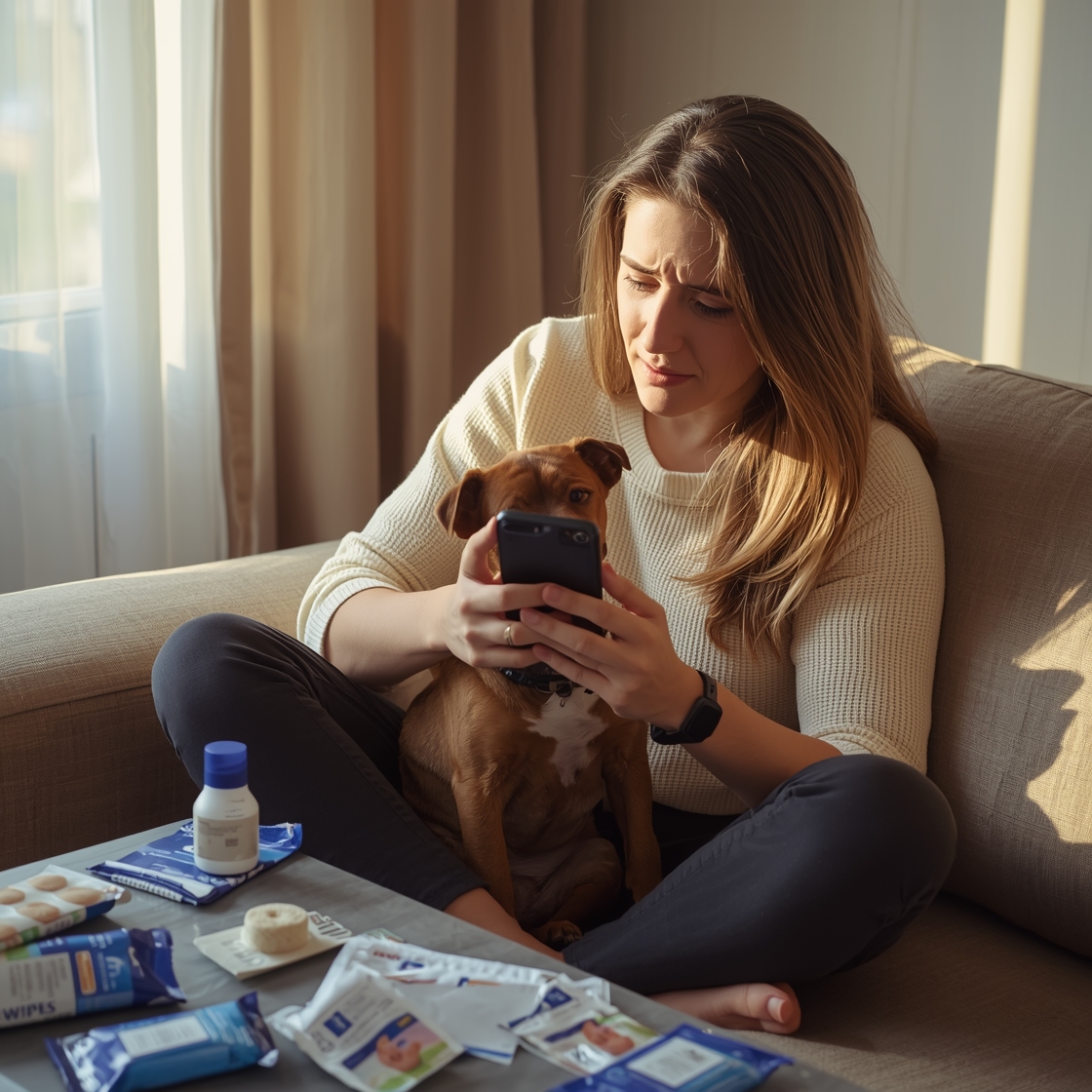 Pet owner researching pet first aid kit on smartphone at home