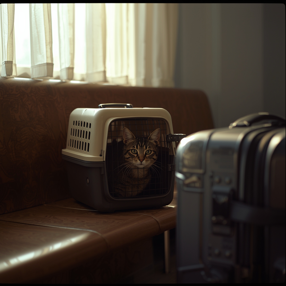 tabby cat in ventilated airline approved cat backpack carrier on airport bench