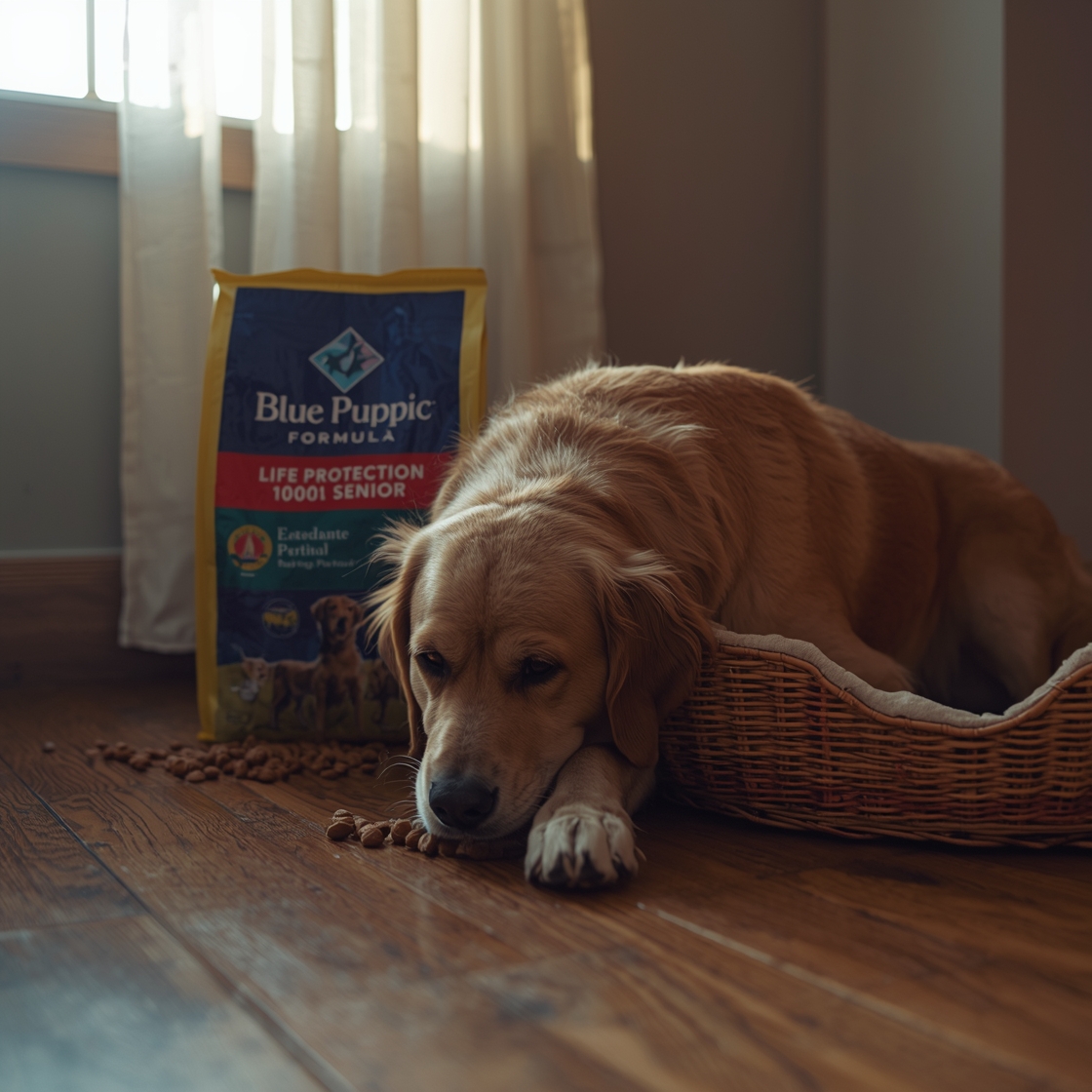 Senior golden retriever eating Blue Buffalo Life Protection Formula
