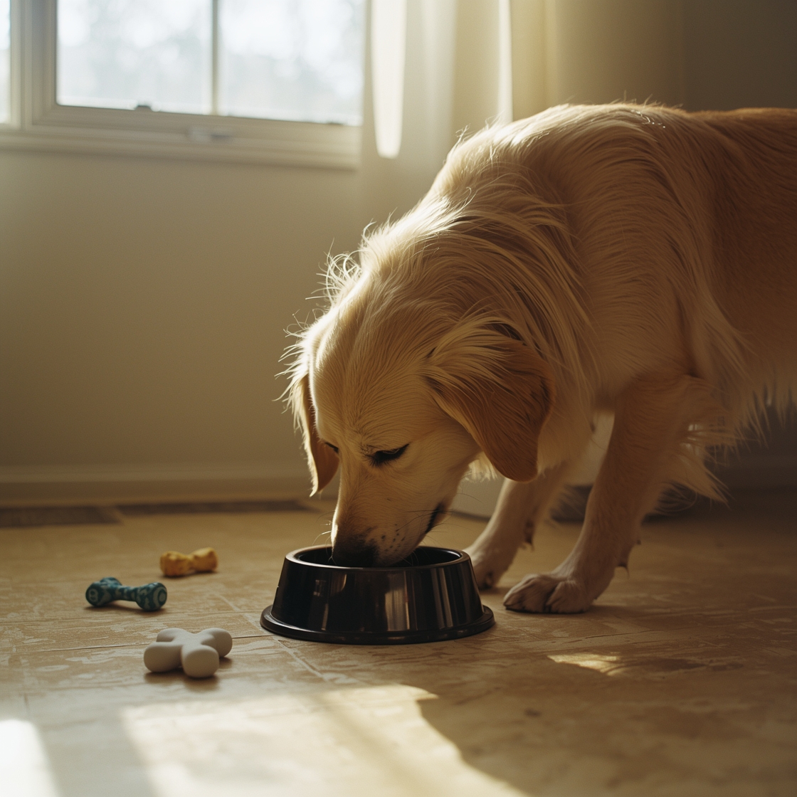 Senior golden retriever eating Purina Pro Plan Senior Dog Food