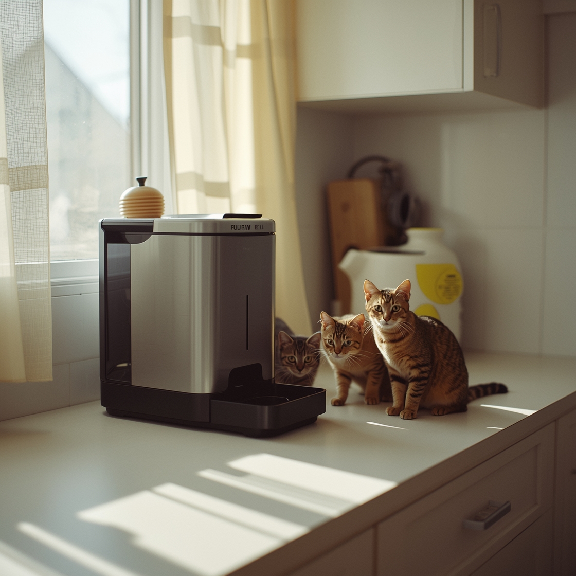 Automatic pet feeder for multiple cats on kitchen counter