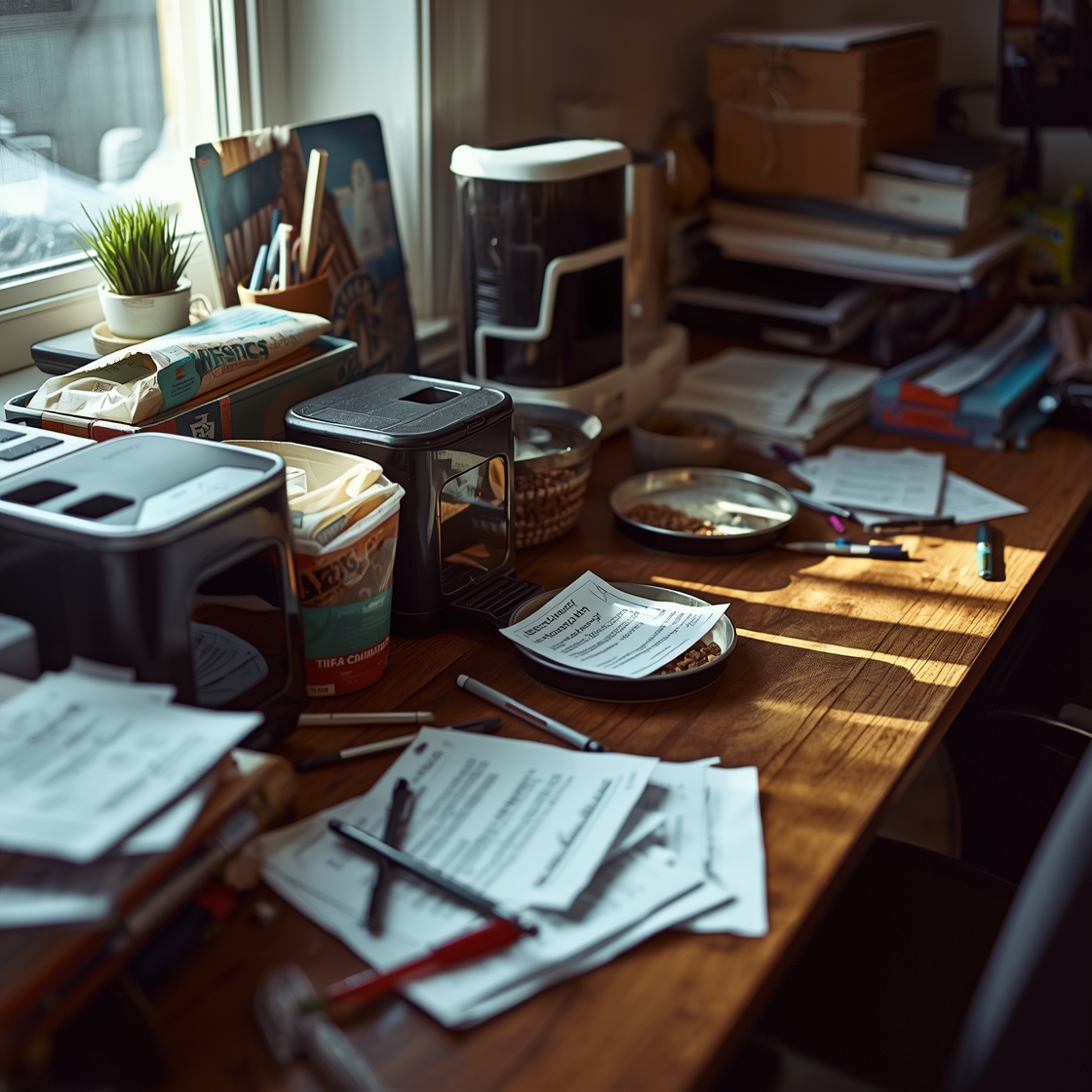 Cluttered home office desk with automatic pet feeders and cat toys