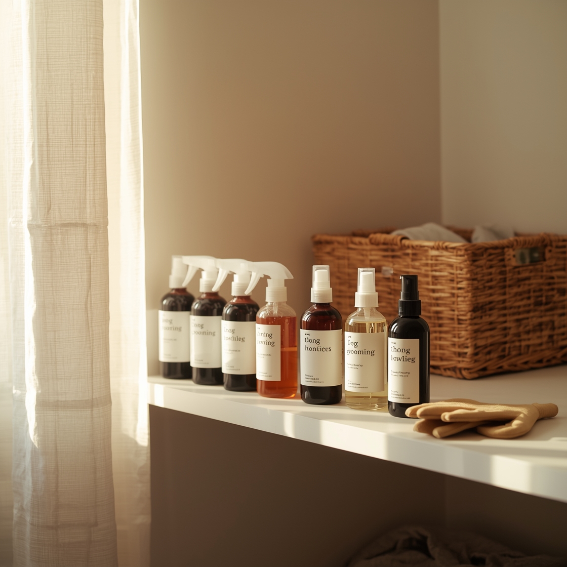 Assortment of dog grooming sprays on a shelf