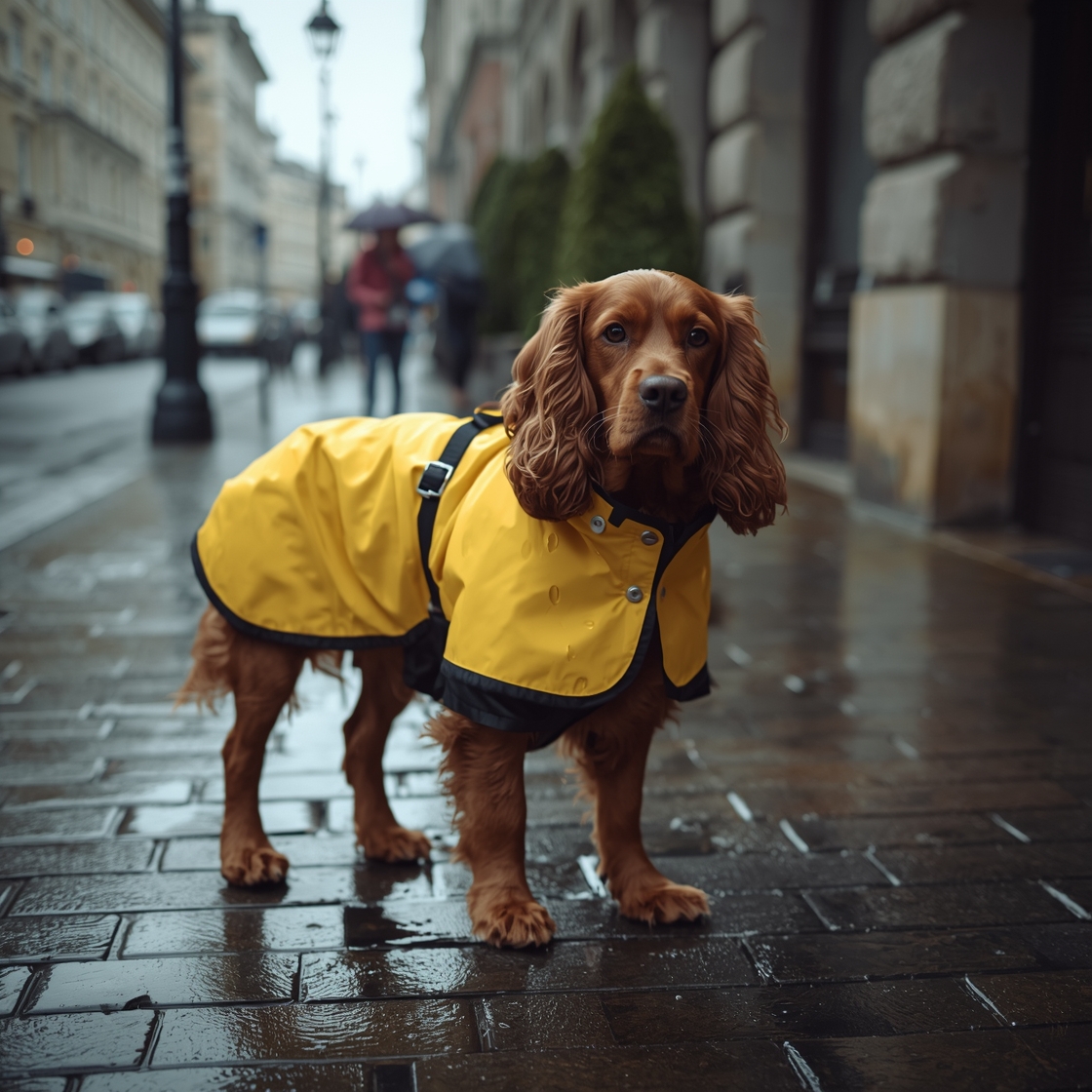 Medium-sized dog in yellow raincoat on wet sidewalk