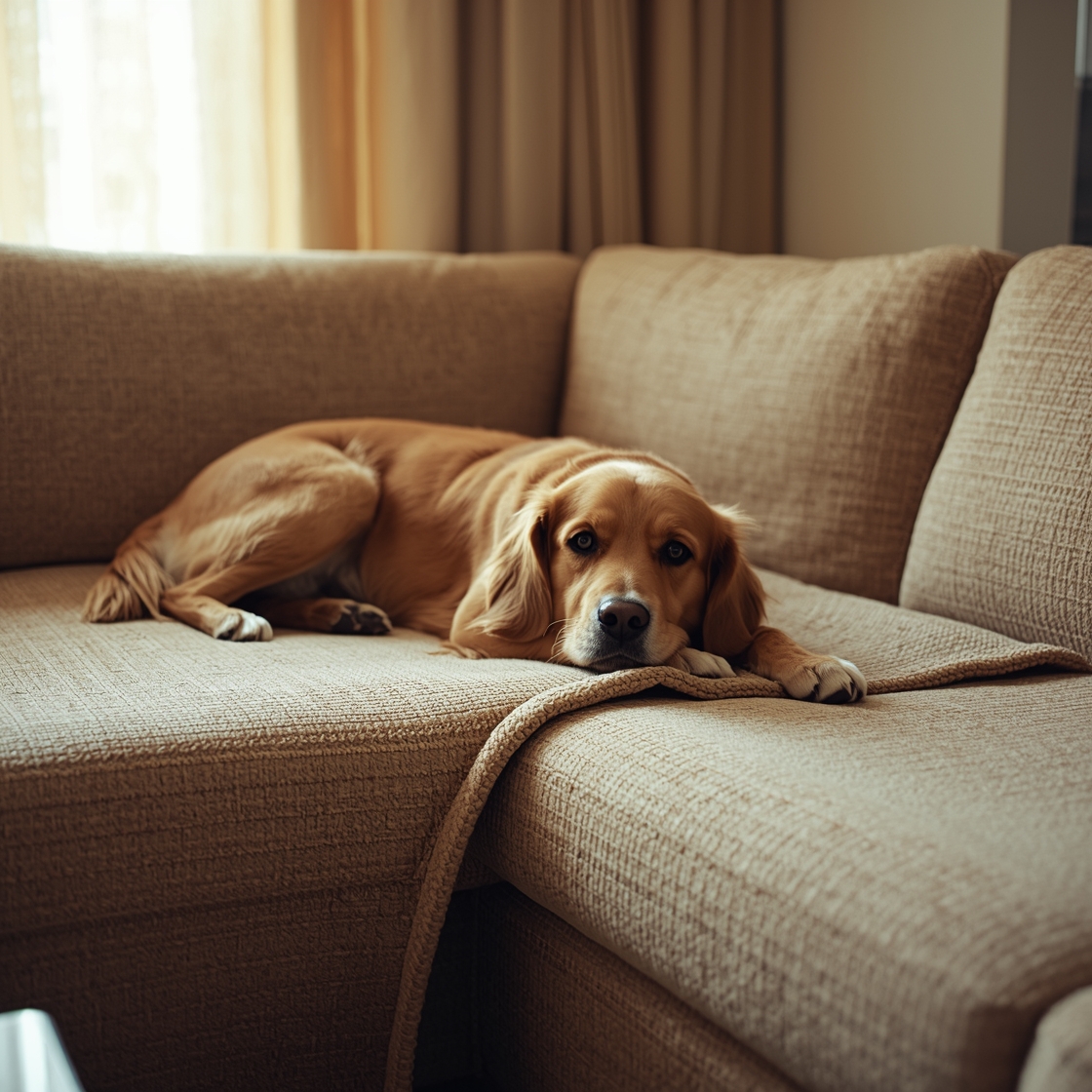 Non-slip pet couch cover on a sectional sofa with a dog