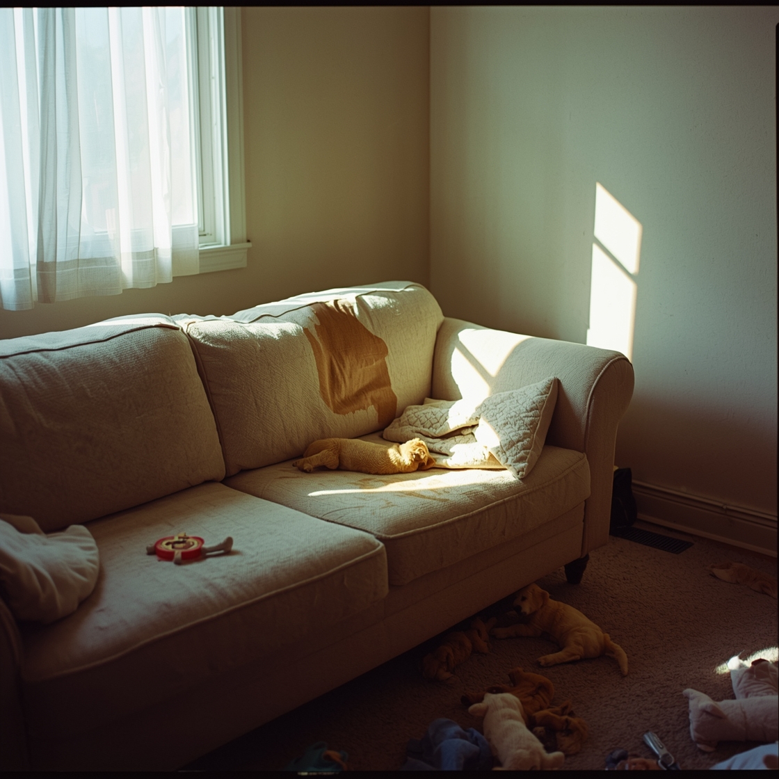 A worn couch with a pet cover partially thrown off