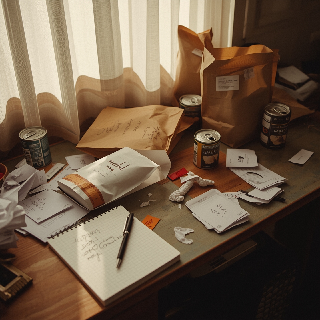 Cluttered desk with dog food and shopping notes