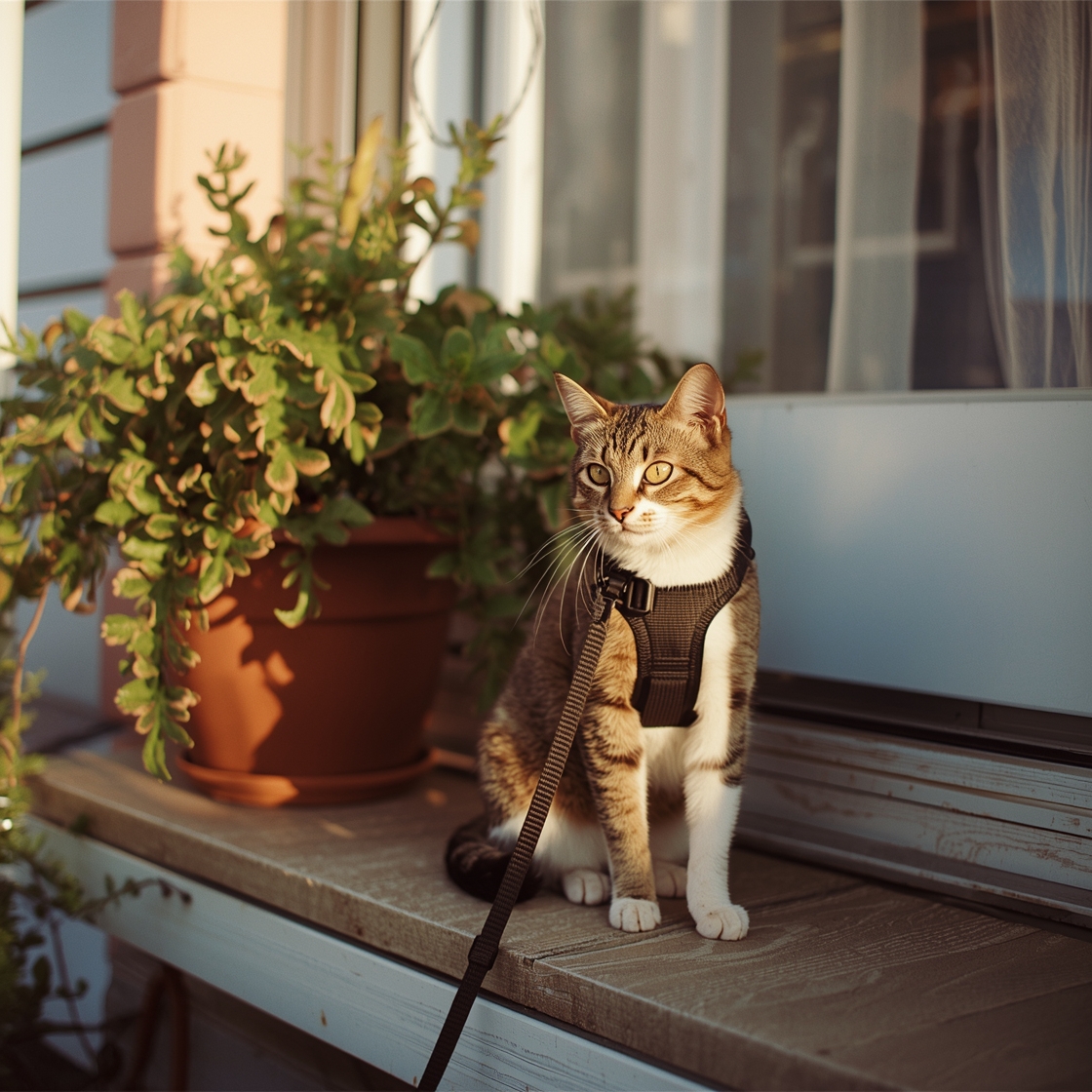 Tabby cat in escape proof harness on wooden porch step