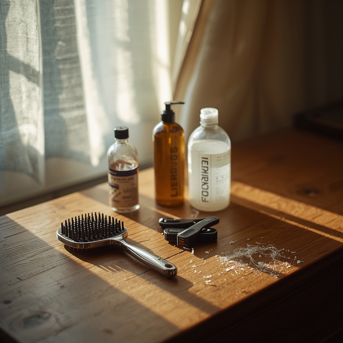 dog grooming kit laid out on wooden table with tools