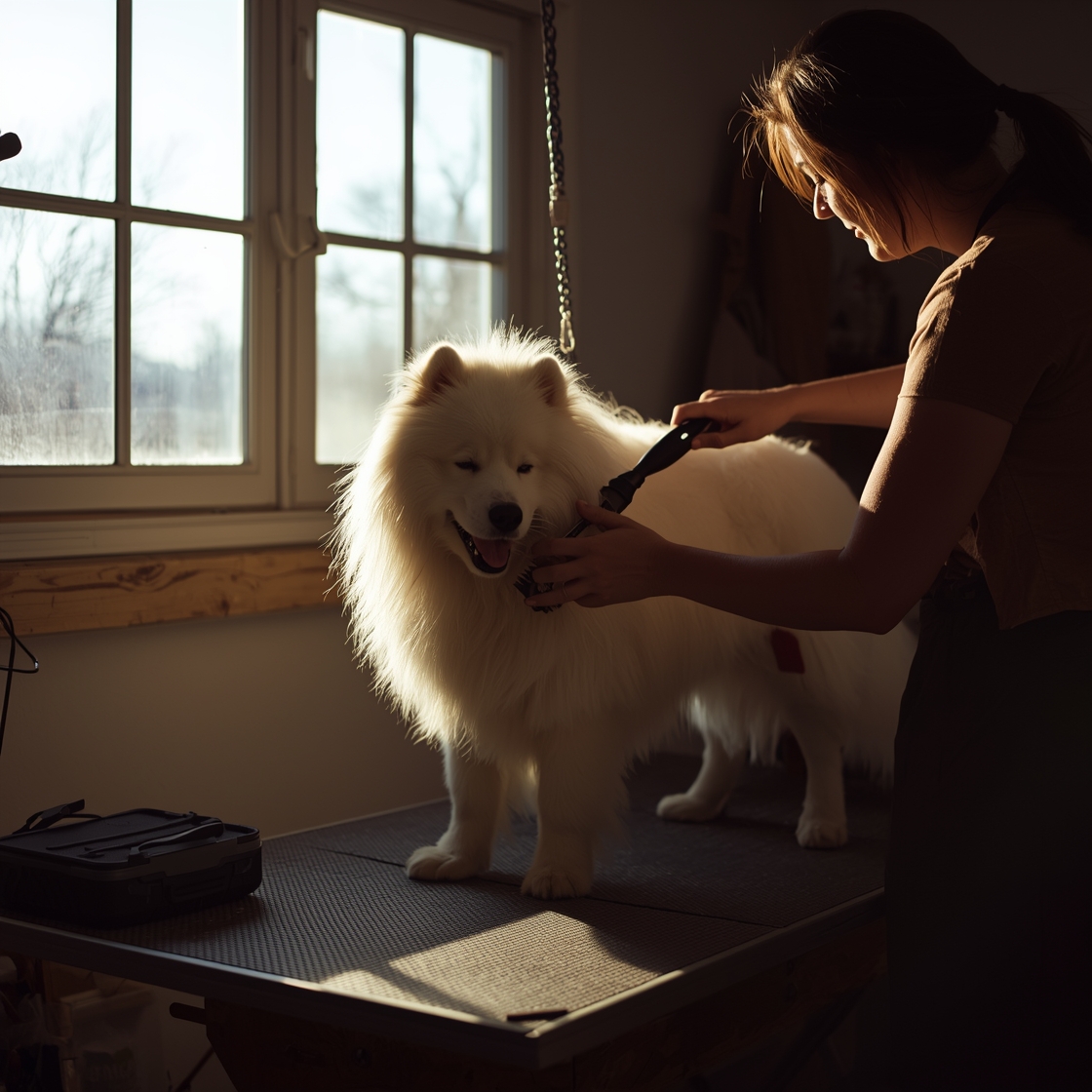 Pet owner brushing fluffy white Samoyed on grooming table