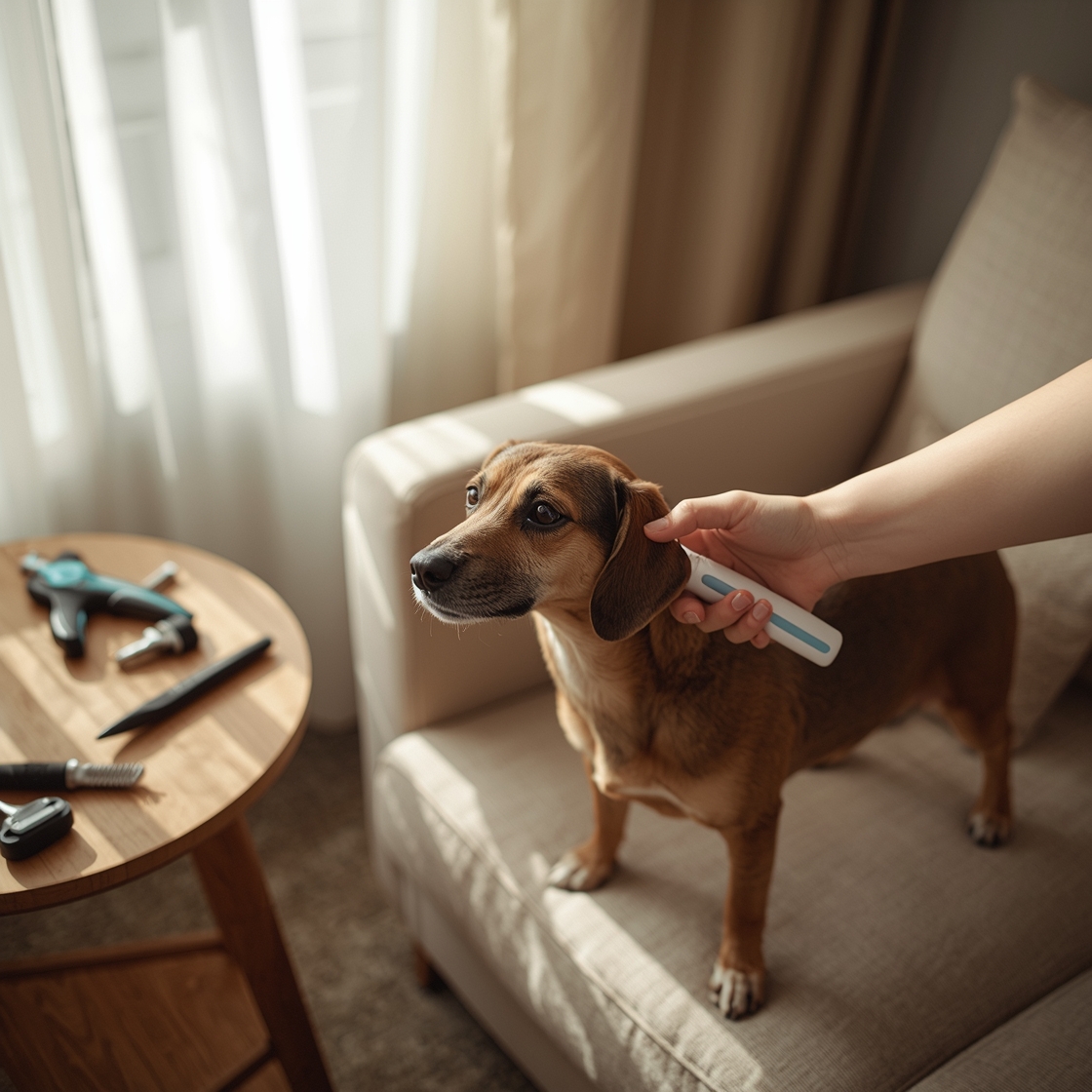 A pet grooming brush for sensitive skin dogs in use