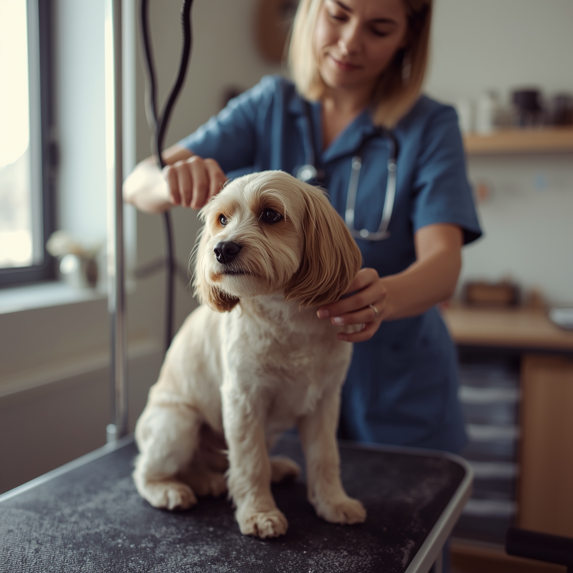 Veterinarian gently brushing a dog with a soft-bristled brush