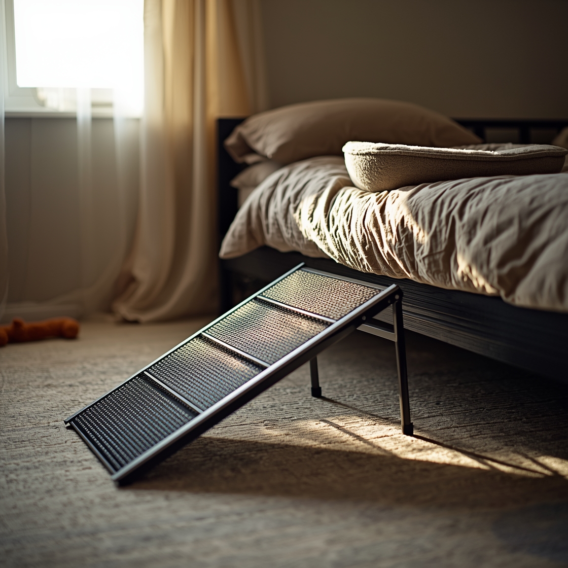 A dog ramp for bed with supportive legs and textured surface