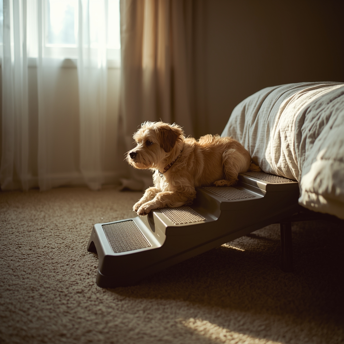 A 4-step dog ramp beside a bed with a small dog lying on it