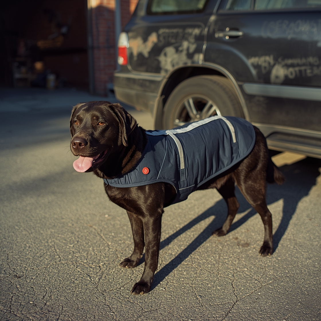 Labrador Retriever wearing dog cooling vest on asphalt driveway