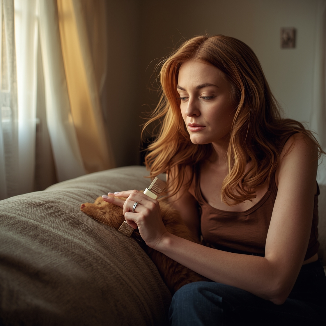 Woman brushing a ginger tabby cat on a beige couch
