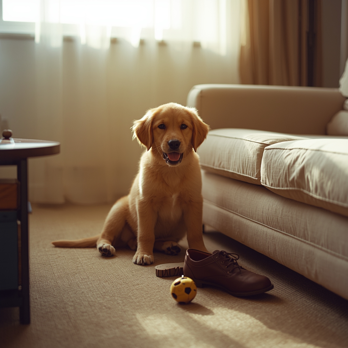 A playful golden retriever puppy sitting on a couch with a chewed shoe