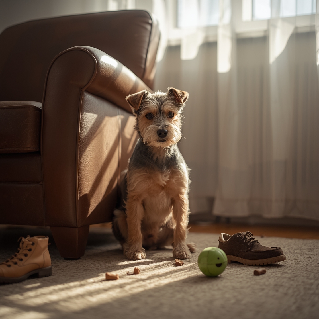Terrier mix sitting next to chewed shoe and dog toys
