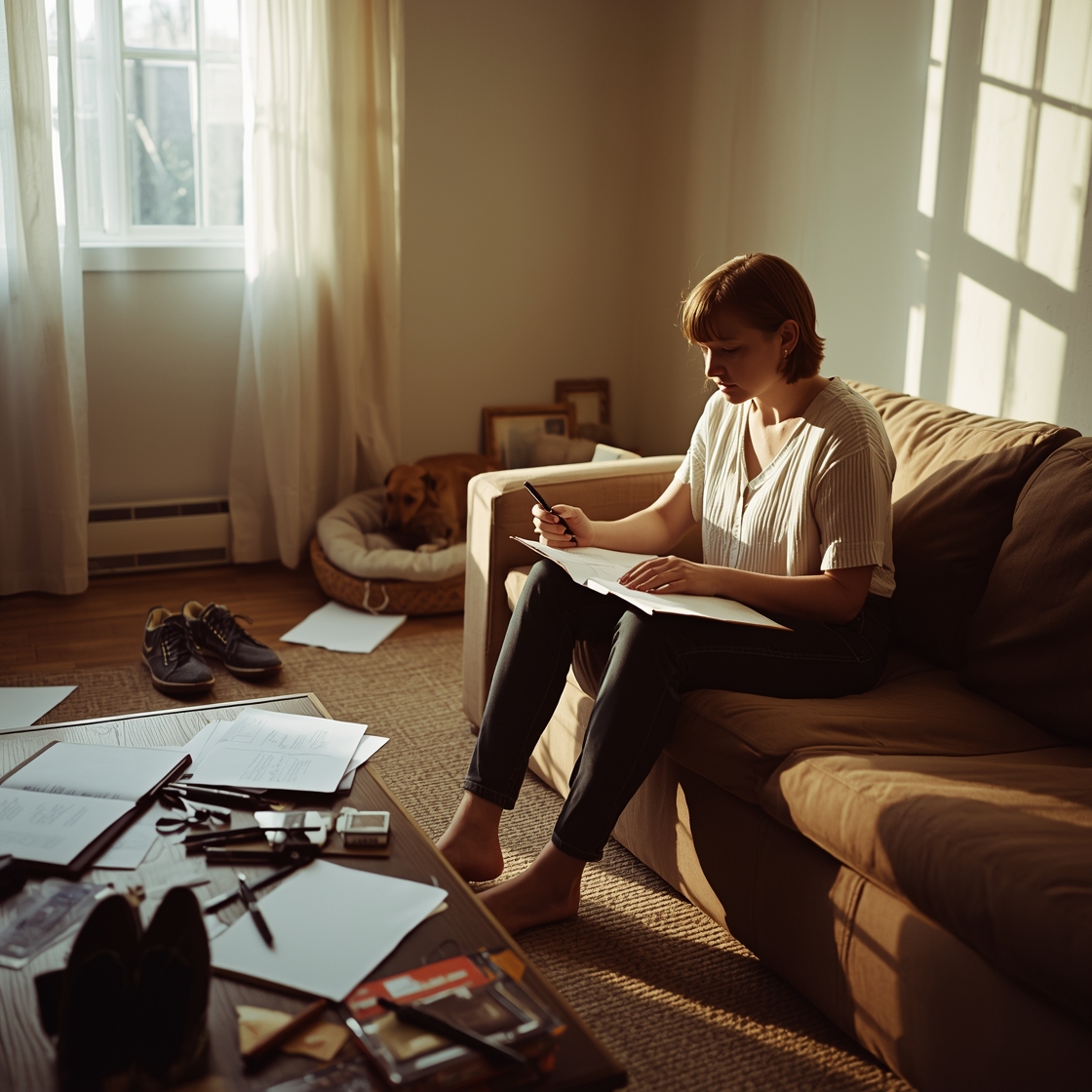 Person testing dog training strategies in a messy living room