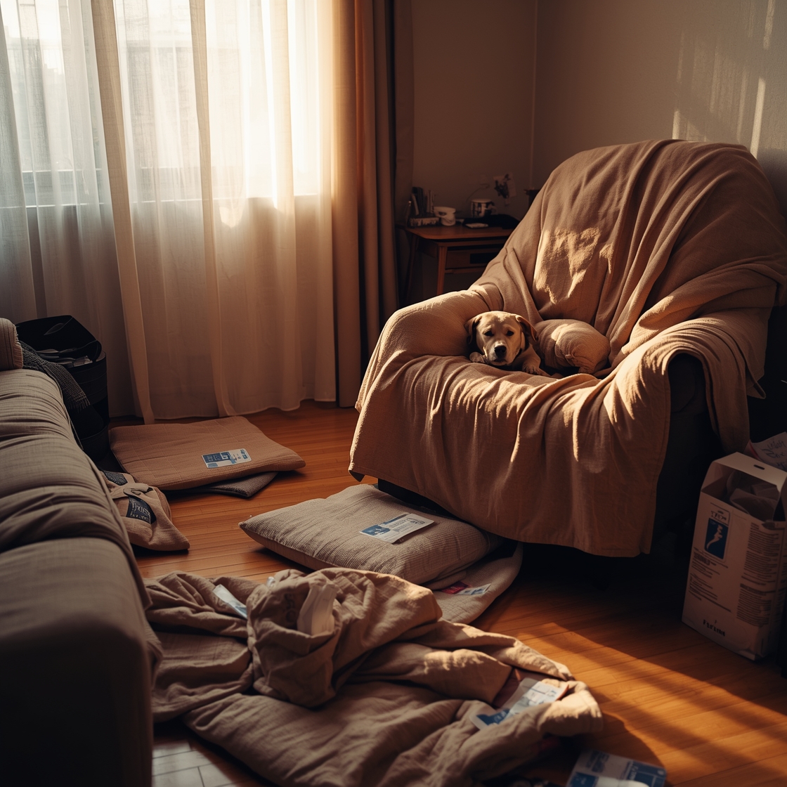 Dog travel car seat covers scattered in a living room